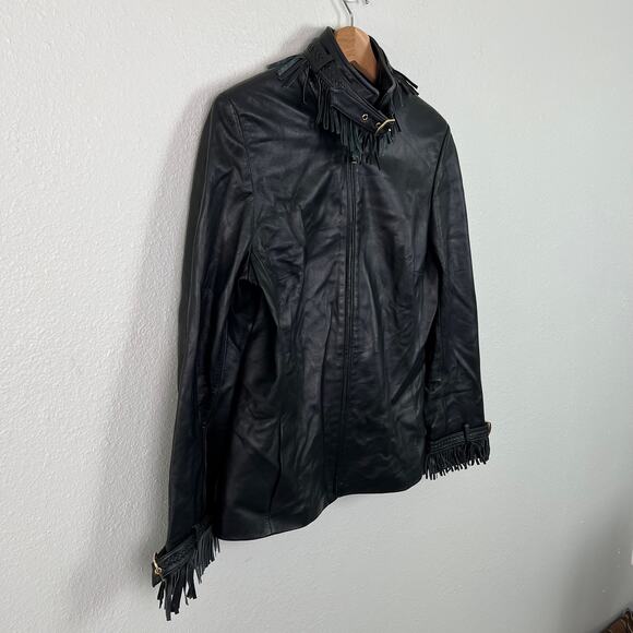 St. John Sport By Marie Gray SZ 6 Black Leather Jacket Removable Fringe Collar - Picture 13 of 16